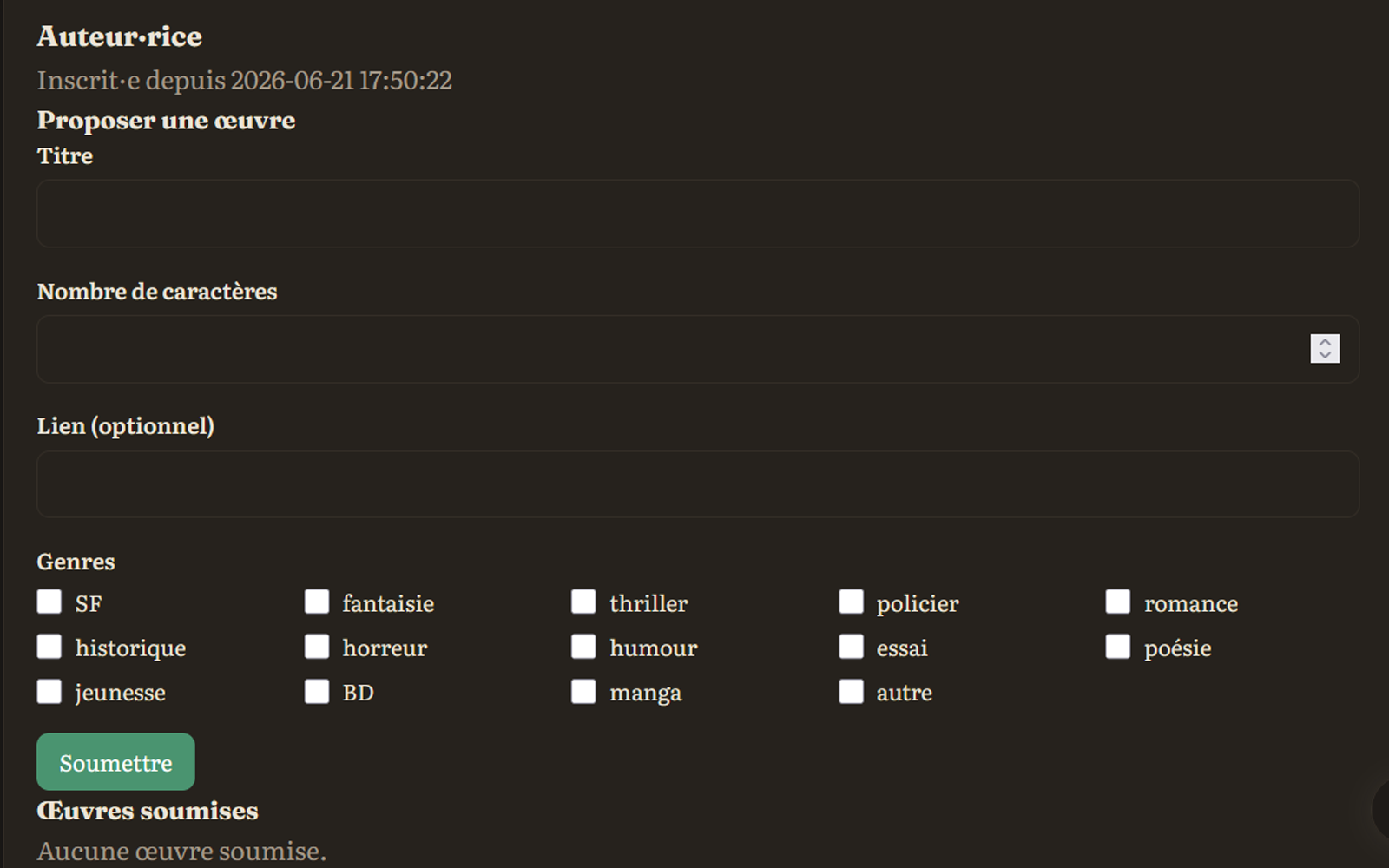 Panneau de gestion : tableau des œuvres soumises avec compteurs de propositions, acceptations et refus.
