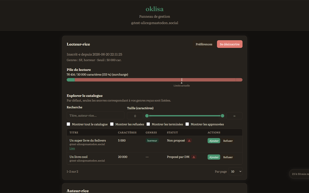 Panneau de gestion de oklisa.