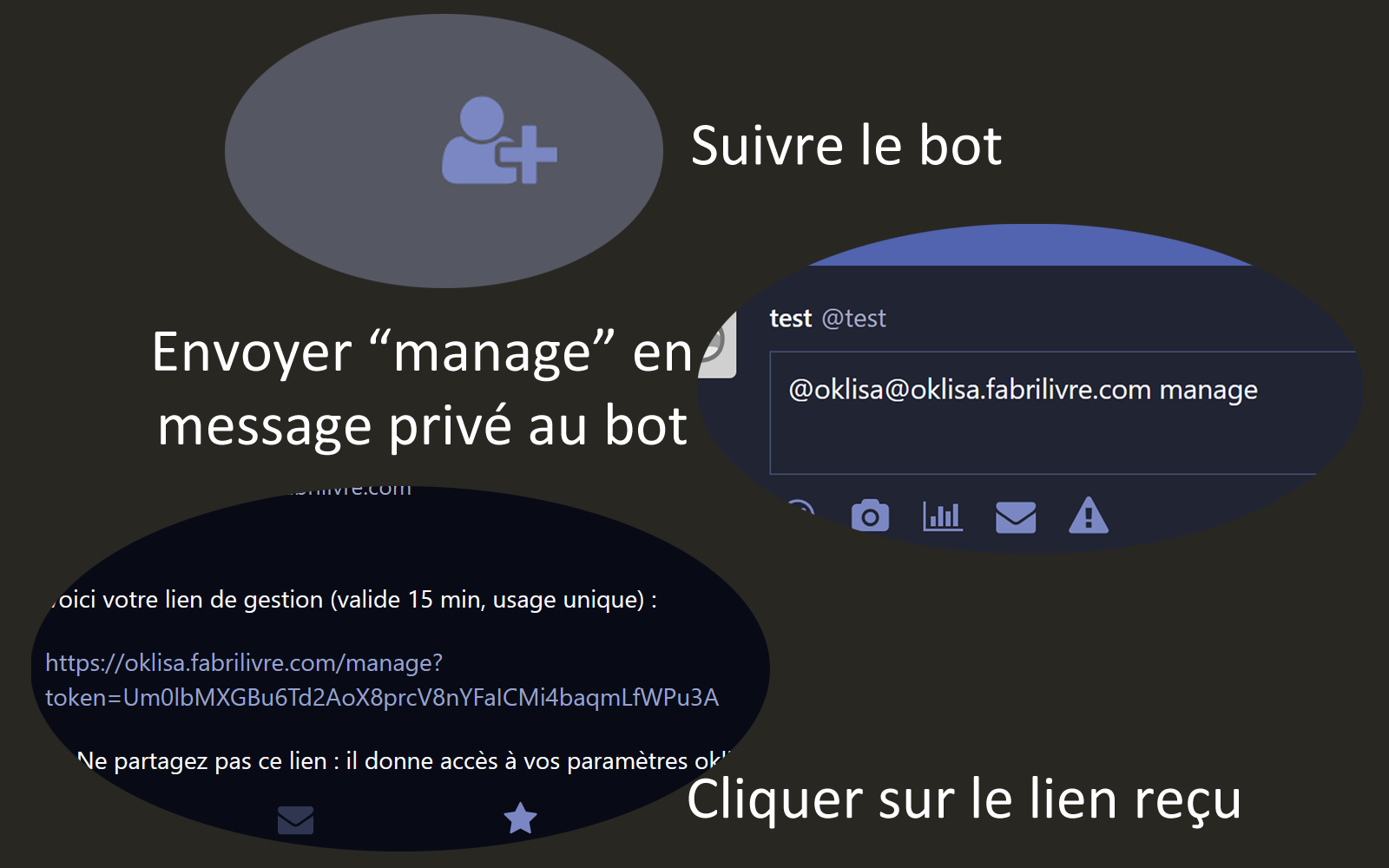 Message privé oklisa avec la commande manage et le lien vers le panneau de gestion.