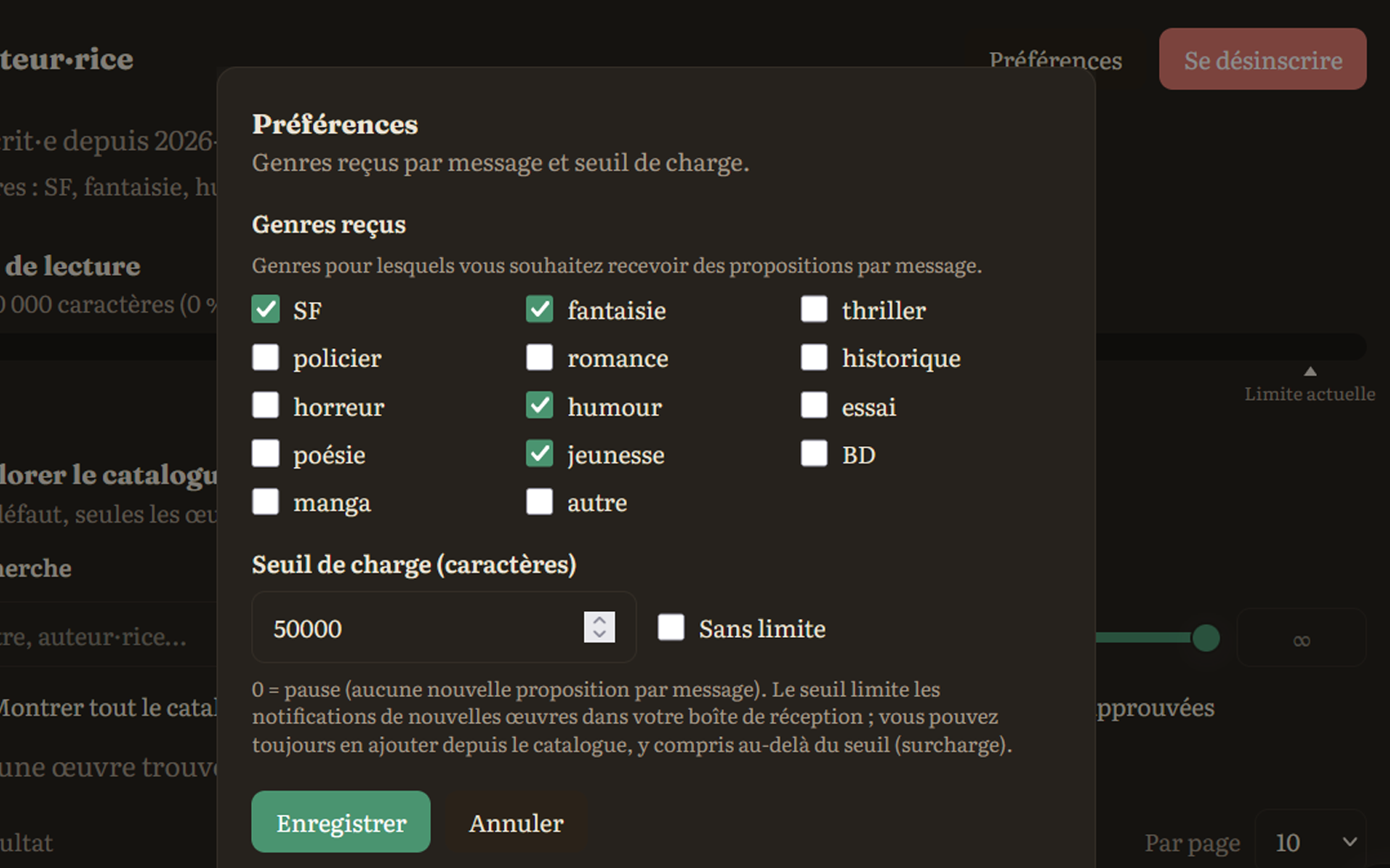 Panneau de gestion : préférences de genres, seuil de caractères et pile de lecture.